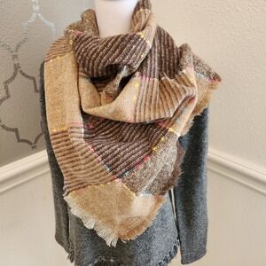 NWT Grace & Lace Brown Plaid Blanket Scarf  Fringe Winter Autumn Warm Shawl Wrap
